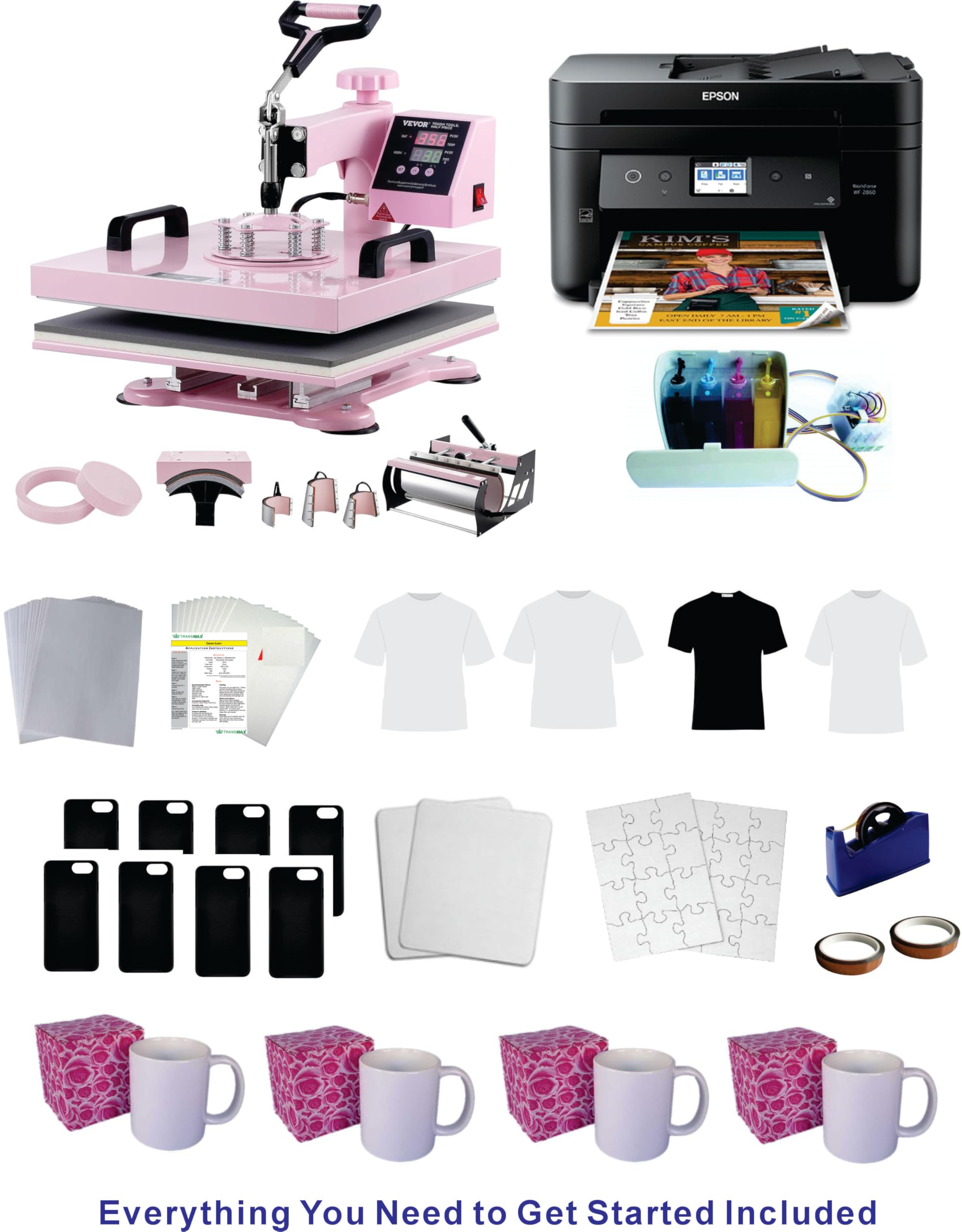 DAVACE Sublimation Starter Kit for Beginners – All-in-One Heat Press & Printer Bundle, 15x15 8-in-1 Press, 30oz Tumbler, Ink & Blanks Included