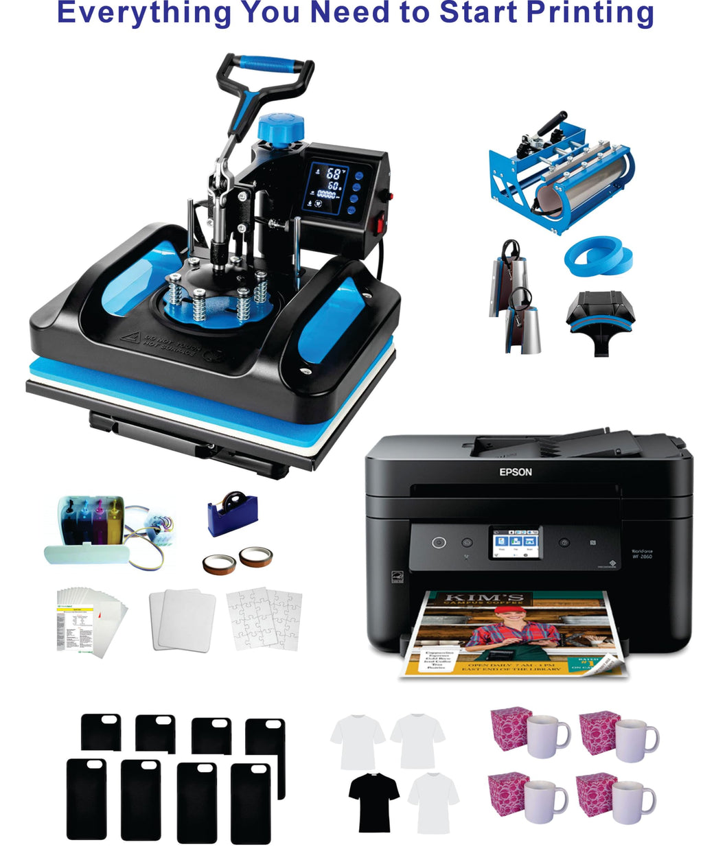 Sublimation Starter Kit – 15x15 Heat Press & Printer Bundle 8in1 Professional Combo for Mug Tumbler T-Shirt Business